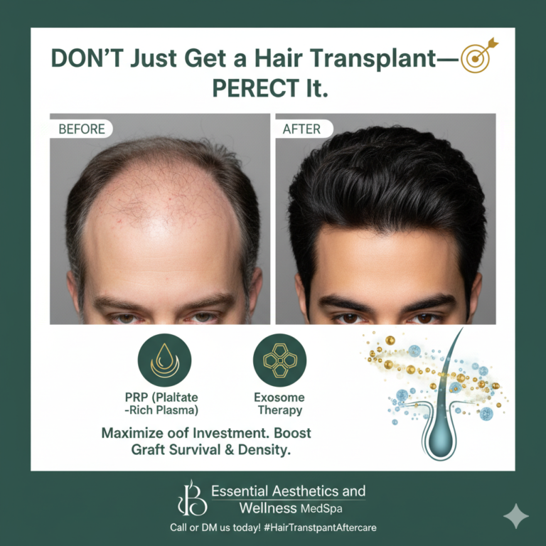 Essential Aesthetics hair transplant aftercare with PRP and Exosomes for maximum hair growth.