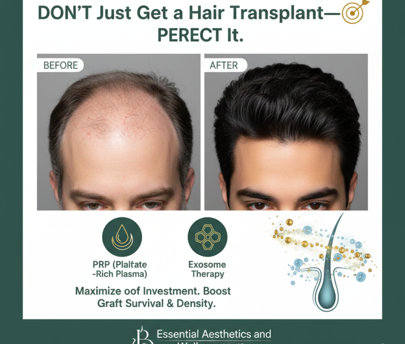 Essential Aesthetics hair transplant aftercare with PRP and Exosomes for maximum hair growth.